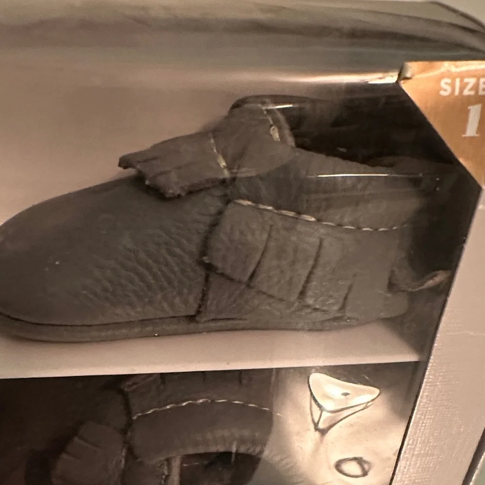 Freshly Picked Charcoal Moccasins for Infants- Size 1 (6wk-6mo)- like new in box